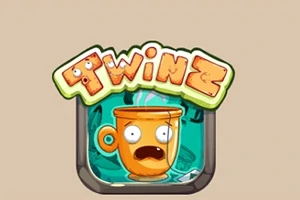 Farebný nápis „Twinz“ s usmievajúcim sa oranžovým hrnčekom s vystrašeným výrazom na zelenom pozadí