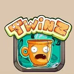 Farebný nápis „Twinz“ s usmievajúcim sa oranžovým hrnčekom s vystrašeným výrazom na zelenom pozadí