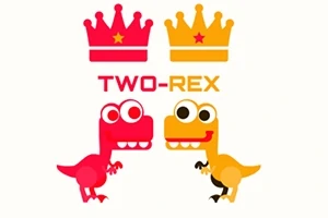 Dvaja kreslení dinosauri s veľkými očami a korunou nad každým z nich, jeden červený a druhý oranžový, s nápisom TWO-REX medzi nimi
