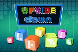 Farebný nápis UPSIDE down na tmavom pozadí s farebnými kockami v popredí na mriežkovanom pozadí
