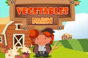 Postavička farmára stojí pred stodolou s vidlami vedľa dvoch prasiat a drevenej tabule s nápisom Vegetables Farm