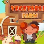 Postavička farmára stojí pred stodolou s vidlami vedľa dvoch prasiat a drevenej tabule s nápisom Vegetables Farm