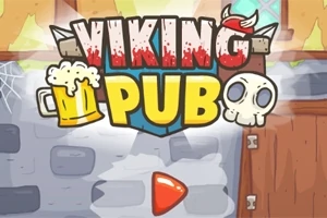 Nápis VIKING PUB s ilustráciou kríža s pivom a lebky na pozadí kamennej steny a drevených dverí