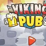 Nápis VIKING PUB s ilustráciou kríža s pivom a lebky na pozadí kamennej steny a drevených dverí