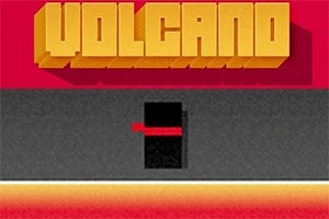 Nápis VOLCANO v oranžovej farbe na červenom pozadí s čiernym štvorcom v červenom a šedom pásme