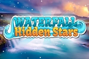 Nápis Waterfall Hidden Stars s modrými a oranžovými písmenami na pozadí krajiny s vodopádom a nočnou oblohou