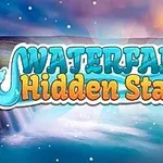 Nápis Waterfall Hidden Stars s modrými a oranžovými písmenami na pozadí krajiny s vodopádom a nočnou oblohou
