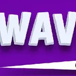 Biele písmeno WAVE na fialovom pozadí s čiernou guľkou s bielou čiarou