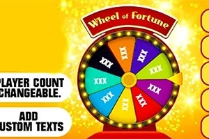 Farebný kolesový spinner s rôznymi farebnými poliami a nápisom Wheel of Fortune na žltom pozadí