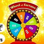 Farebný kolesový spinner s rôznymi farebnými poliami a nápisom Wheel of Fortune na žltom pozadí