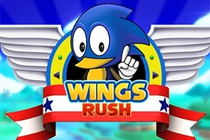 Modrá animovaná postavička s krídlami a nápisom „Wings Rush“ na farebnej stuze