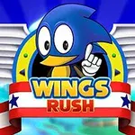 Modrá animovaná postavička s krídlami a nápisom „Wings Rush“ na farebnej stuze