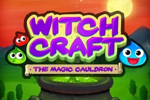 Nápis Witch Craft: The Magic Cauldron s farebnými bublinami a kotlíkom na pestrofarebnom pozadí s mesiacom
