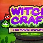 Nápis Witch Craft: The Magic Cauldron s farebnými bublinami a kotlíkom na pestrofarebnom pozadí s mesiacom