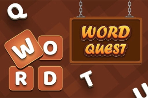 Písmená zložené do slova WORD na hnedých dlaždiciach vedľa nápisu WORD QUEST na visacej tabuli