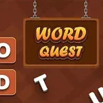 Písmená zložené do slova WORD na hnedých dlaždiciach vedľa nápisu WORD QUEST na visacej tabuli