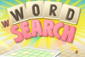 Slovo WORD SEARCH v rôznych farbách na žltom a zelenom pozadí s mrežovým vzorom na spodku