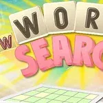 Slovo WORD SEARCH v rôznych farbách na žltom a zelenom pozadí s mrežovým vzorom na spodku