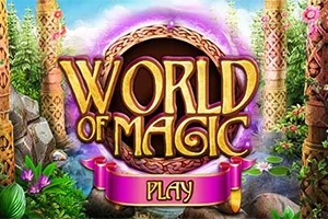 Nápis WORLD OF MAGIC s fialovým žiarením, obklopený kvetmi a stromami v magickom lese