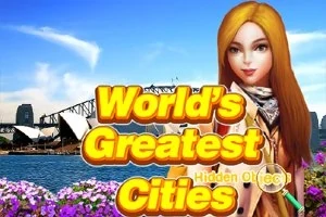 Žena s dlhými ryšavými vlasmi stojí pred panorámou mesta s operným domom a mostom, v popredí sú kvety a nápis Worlds Greatest Cities