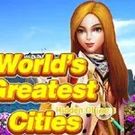 Žena s dlhými ryšavými vlasmi stojí pred panorámou mesta s operným domom a mostom, v popredí sú kvety a nápis Worlds Greatest Cities