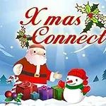 Santa Claus a snehuliak stoja vedľa darčekov v zasneženej krajine s nápisom Xmas Connect nad nimi