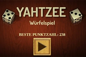 Dve kocky vedľa textu YAHTZEE Würfelspiel s nápisom BESTE PUNKTZAHL: 238 a tlačidlom prehrávania na drevenom pozadí