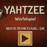 Dve kocky vedľa textu YAHTZEE Würfelspiel s nápisom BESTE PUNKTZAHL: 238 a tlačidlom prehrávania na drevenom pozadí