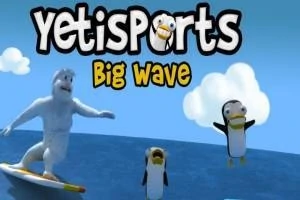 Yetina surfovacej doske s dvoma tučniakmi na modrej oceánskej vlne a nápisom Yetisports Big Wave