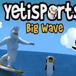 Yetina surfovacej doske s dvoma tučniakmi na modrej oceánskej vlne a nápisom Yetisports Big Wave