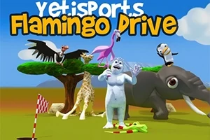 Kreslený obrázok zobrazujúci bieleho yetiho s rôznymi africkými zvieratami, ako sú plameniak, žirafa, slon, had, sup a tučniak, stojaci pred stromom v savane