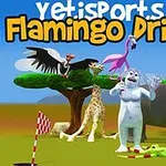 Kreslený obrázok zobrazujúci bieleho yetiho s rôznymi africkými zvieratami, ako sú plameniak, žirafa, slon, had, sup a tučniak, stojaci pred stromom v savane