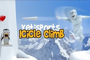 Snežný muž skáče vedľa prekvapeného tučniaka na ľadovej hore s nápisom Icicle Climb na zasnežených horách