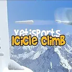Snežný muž skáče vedľa prekvapeného tučniaka na ľadovej hore s nápisom Icicle Climb na zasnežených horách