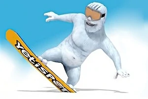 Snehový muž na snowboarde s nápisom YetiSports na žltej doske, v slnečných okuliaroch