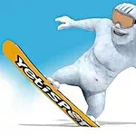 Snehový muž na snowboarde s nápisom YetiSports na žltej doske, v slnečných okuliaroch