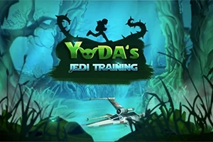 Silueta postavy bežiacej po strome v temnom lese s pretekajúcou riekou, lietadlom a zeleným nápisom Yodas Jedi Training na popredí