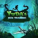 Silueta postavy bežiacej po strome v temnom lese s pretekajúcou riekou, lietadlom a zeleným nápisom Yodas Jedi Training na popredí