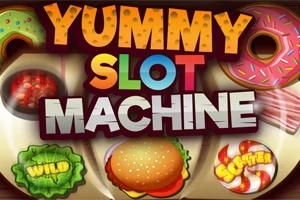 Textový nápis Yummy Slot Machine obklopený obrázkami šišiek, hamburgera, šalátu a cukríkov