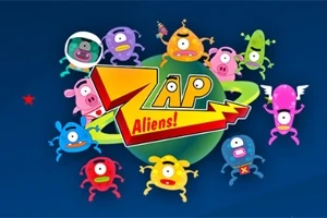 Farebné kreslené mimozemské postavičky obklopujúce planétu s nápisom Zap Aliens!