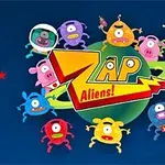 Farebné kreslené mimozemské postavičky obklopujúce planétu s nápisom Zap Aliens!