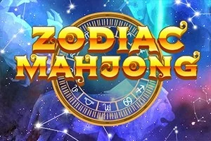 Farebné pozadie s modrými a fialovými odtieňmi s nápisom „Zodiac Mahjong“ a astrológickým motívom