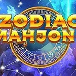 Farebné pozadie s modrými a fialovými odtieňmi s nápisom „Zodiac Mahjong“ a astrológickým motívom