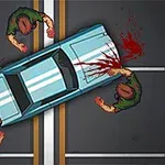 Modré auto zasiahnuté streľbou, obklopené štyrmi postavami s krvou na ceste