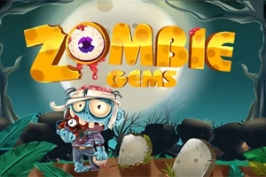Zombie postavička stojí pred úplňkom s nápisom Zombie Gems na cintoríne so starými hrobmi a vegetáciou
