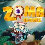 Zombie postavička stojí pred úplňkom s nápisom Zombie Gems na cintoríne so starými hrobmi a vegetáciou