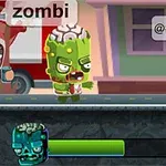 Kreslená scénka s postavičkami zombií na ulici s ukazovateľom zdravia