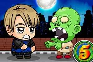 Kreslená postavička s krátkymi blond vlasmi stojí oproti zelenému zombie pred mestskou panorámou v noci s mesiacom a číslom päť v rohu