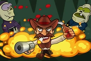 Kreslený kovboj s fúzami, v klobúku a s pištoľou a fľašou, stojí pred explóziou, obklopený dvoma zelenými zombie postavami
