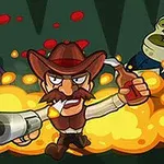 Kreslený kovboj s fúzami, v klobúku a s pištoľou a fľašou, stojí pred explóziou, obklopený dvoma zelenými zombie postavami